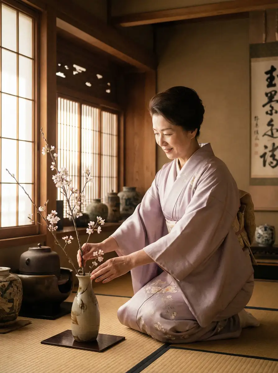 一位优雅的 吉祥坊娱乐 在和室中插花